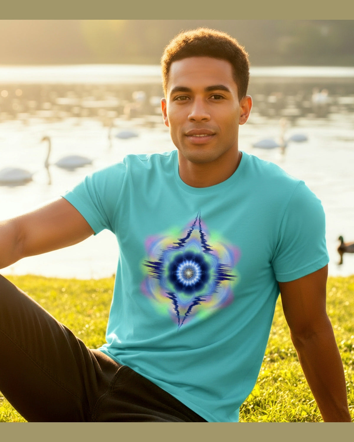 Man wearing a turquoise t-shirt with a colorful abstract design, sitting by a lake.