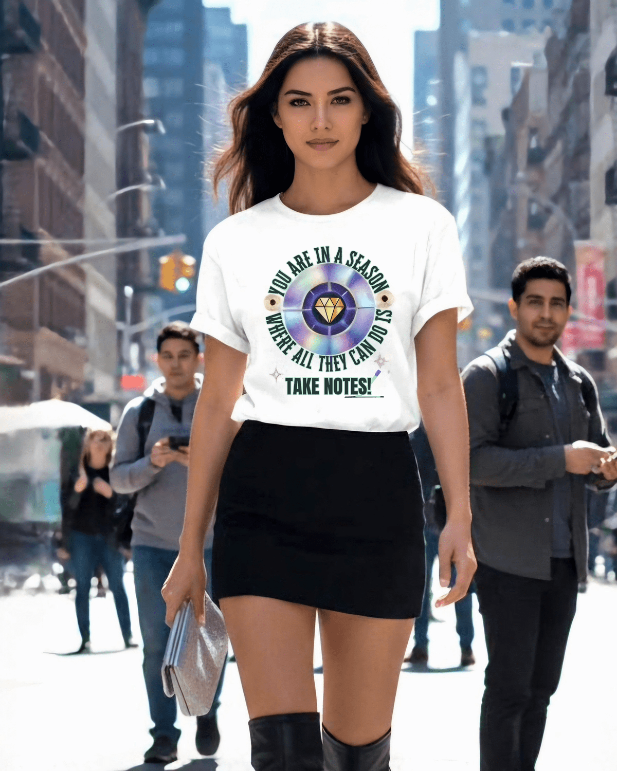 Woman wearing a white t-shirt with a graphic 'You are in a season that all can do is take notes' design on a city street.