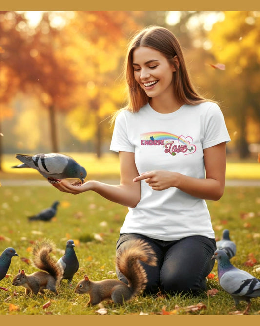 Woman feeding pigeons and squirrels in a park wearing a white Tshirt with rainbow design and a text 'Choose Love' with autumn foliage