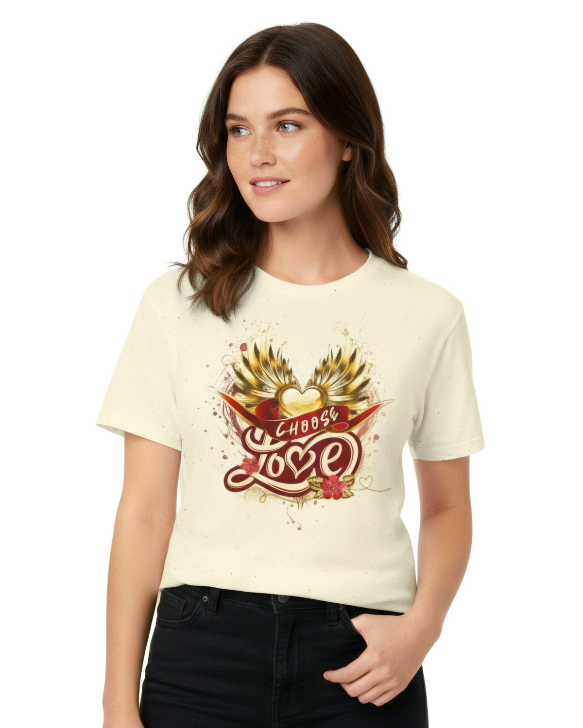Woman wearing a yellow t-shirt with a 'Choose Love' design golden heart and wings and red ribbon on a white background