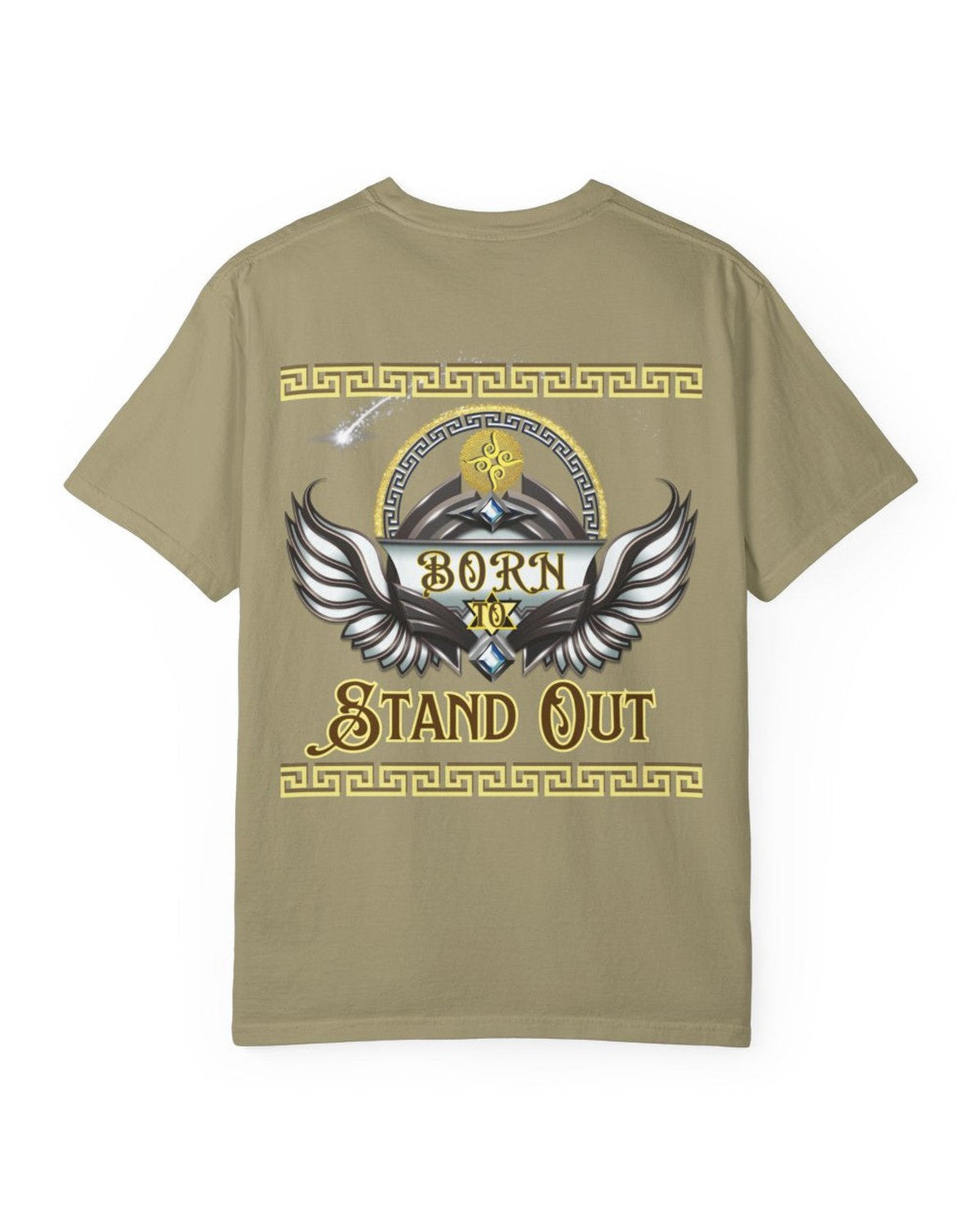 Khaki t-shirt with a winged graphic design and a text 'Born to Stand Out' on a white background