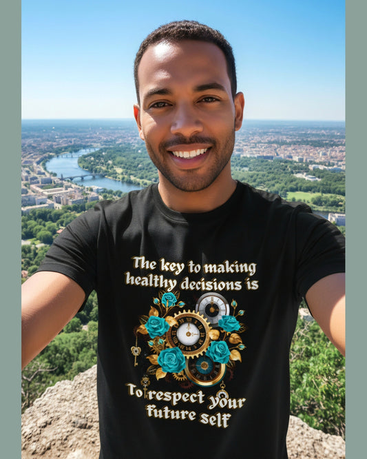 Man wearing a black t-shirt with a motivational quote and graphic design, standing on a scenic overlook.