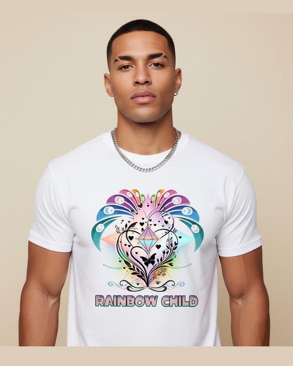Man wearing a white t-shirt with a colorful diamond design and 'Rainbow Child' text on a beige background